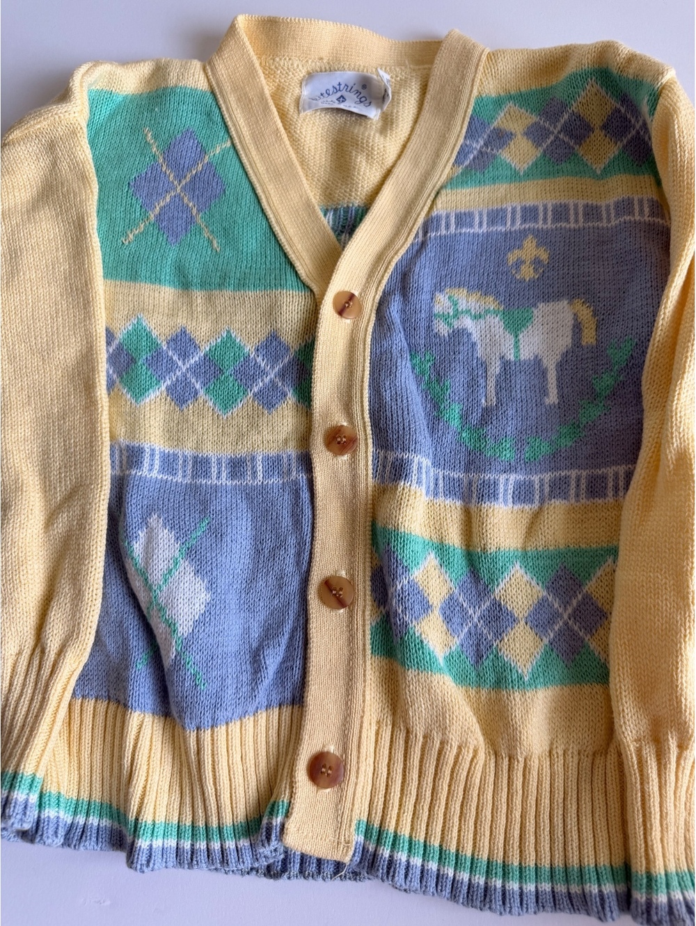 Vintage Kitestrings Pastel Horse Argyle Cardigan Sweater Cotton Size 5/6